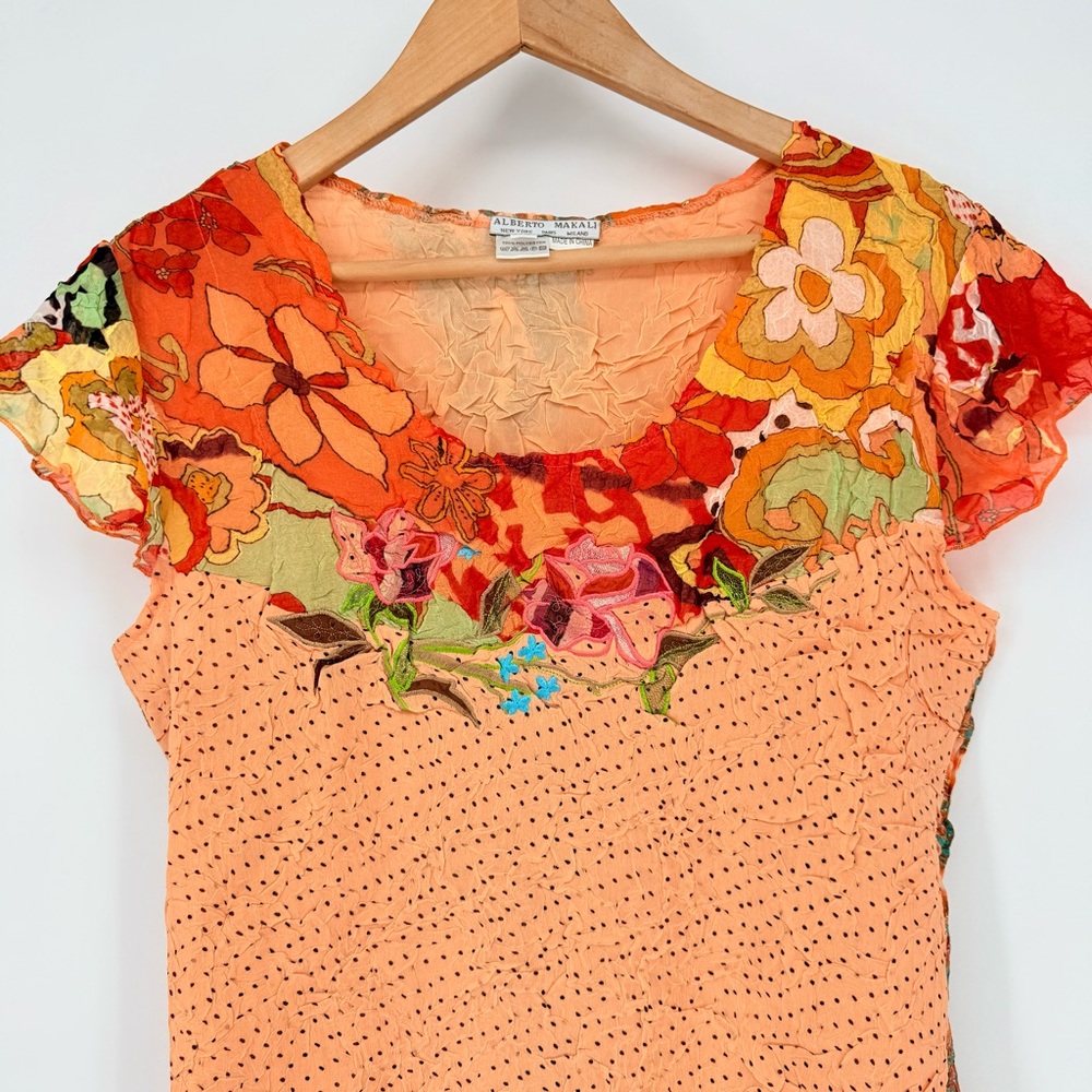 Alberto Makali Y2K Silk Look Orange Floral Crinkle Mesh Top Blouse Large L Boho - Picture 4 of 15